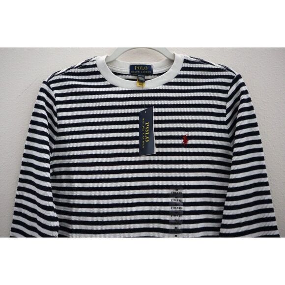 Polo Ralph Lauren Boy's Sz M (10-12) Cream/Navy Striped Waffle-Knit L/S Shirt - Picture 3 of 7